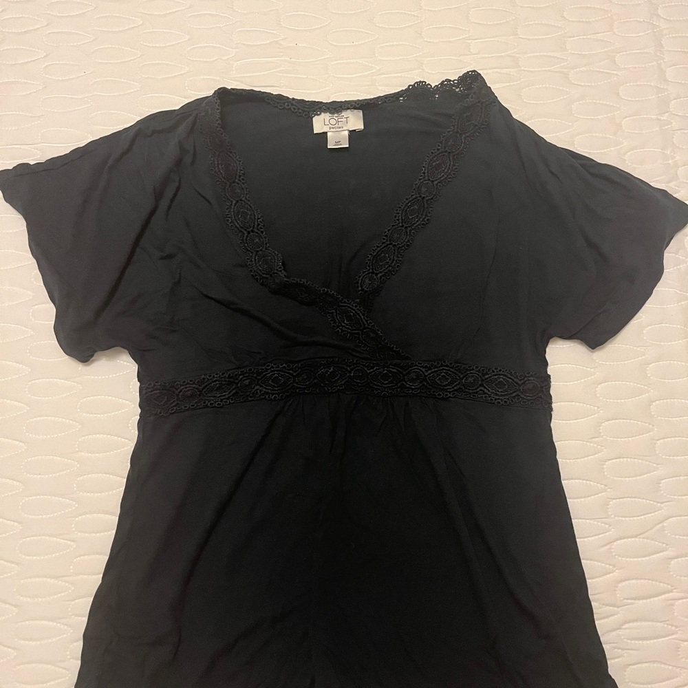LOFT Black Lace-Trim Surplice Top